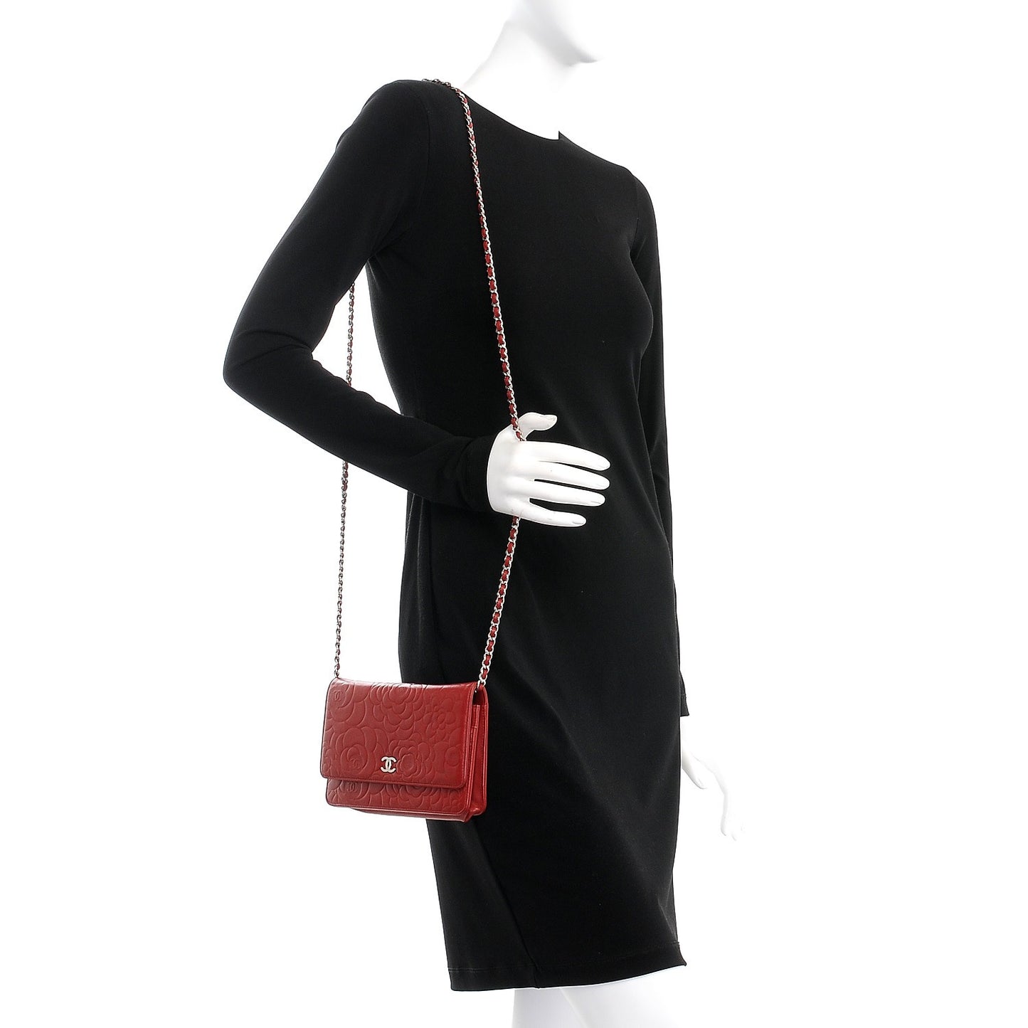 Lambskin Camellia Embossed Wallet On Chain WOC Dark Red