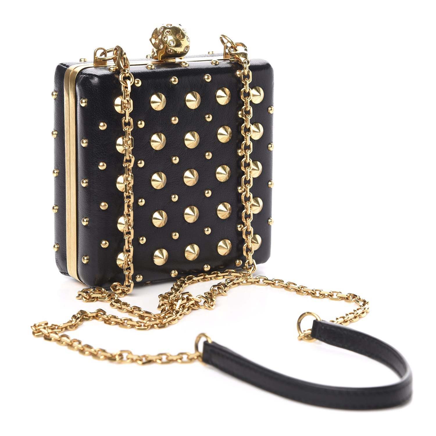 Alexander McQueen Nappa Studded Skull Box Chain Clutch Black Gold 3 of 10
