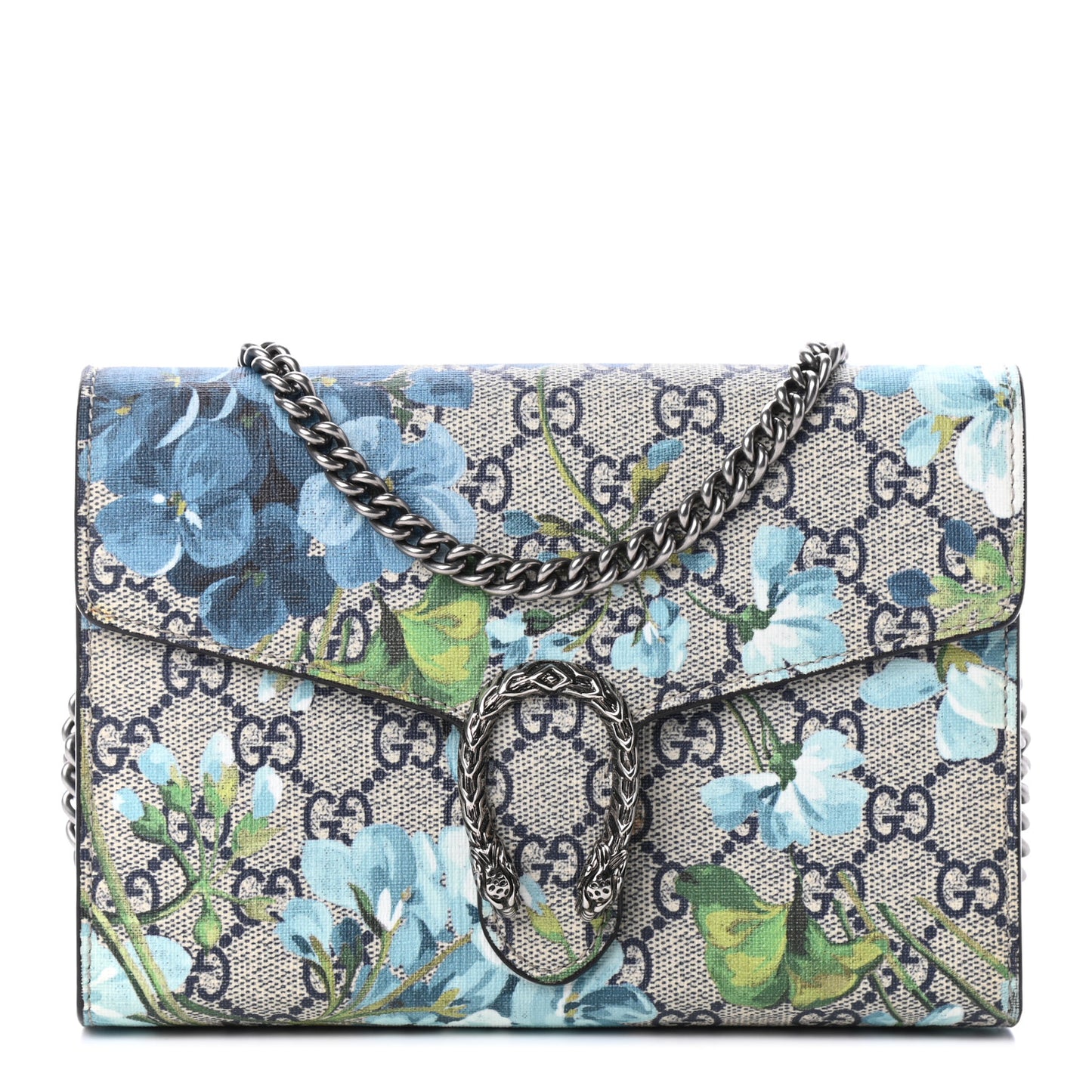 GG Supreme Monogram Blooms Mini Dionysus Chain Wallet Beige Blue Navy Vintage Blue