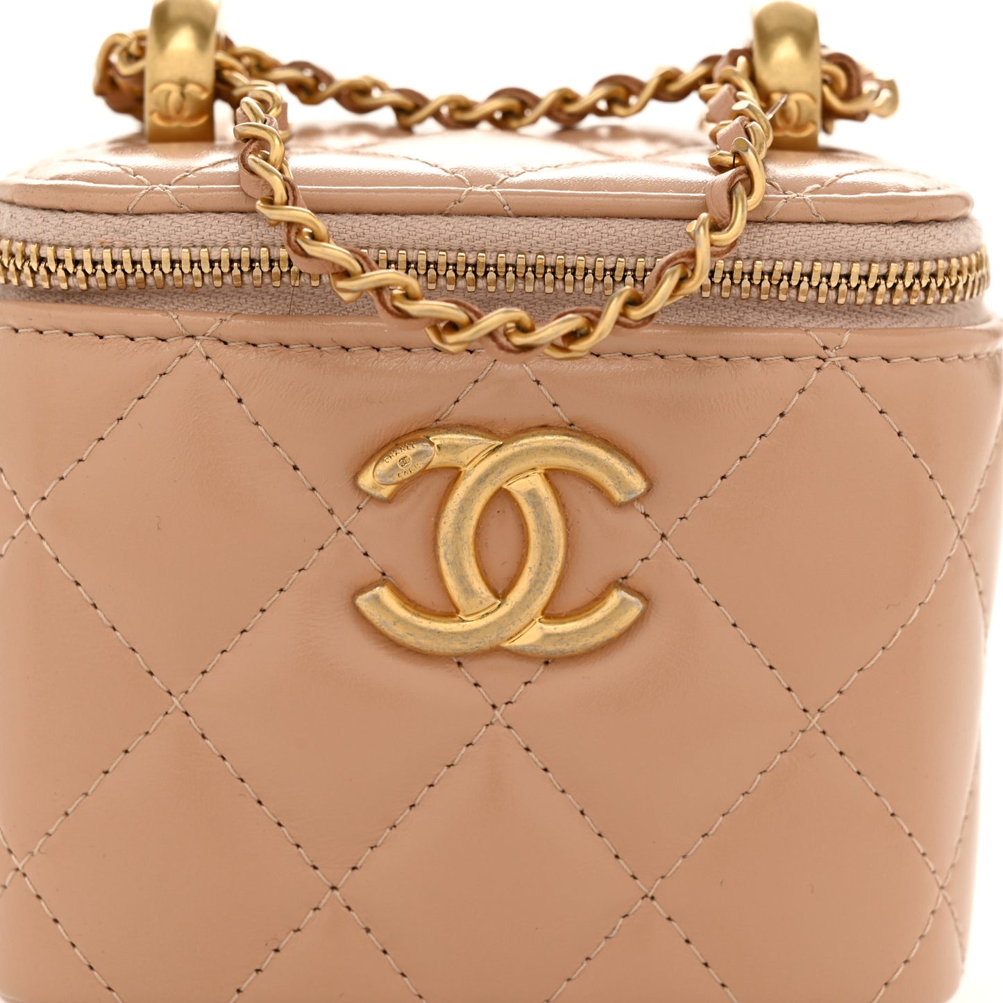 Calfskin Quilted Mini Perfect Fit Vanity Case With Chain Beige