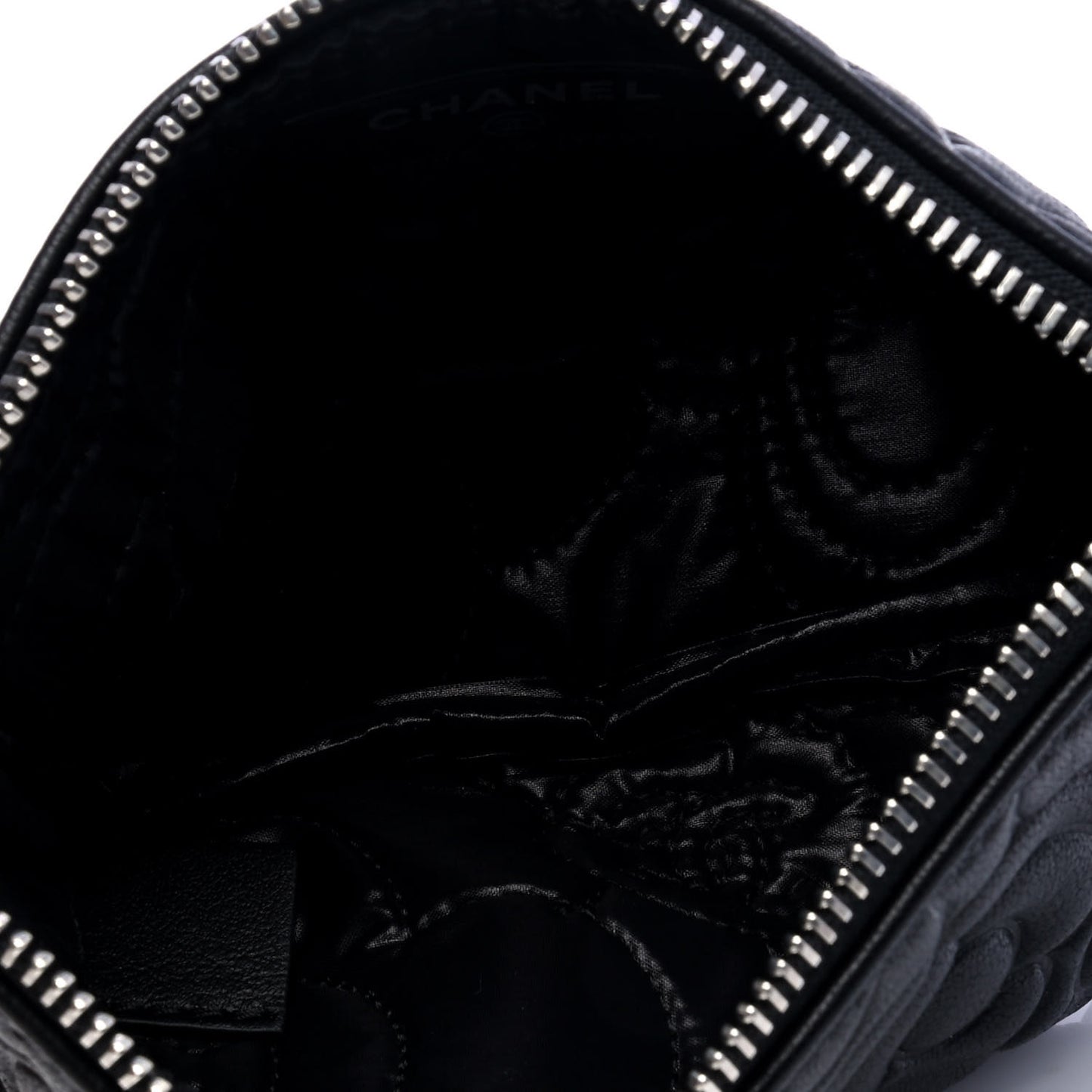 Goatskin Camellia Embossed Cosmetic Pouch Black