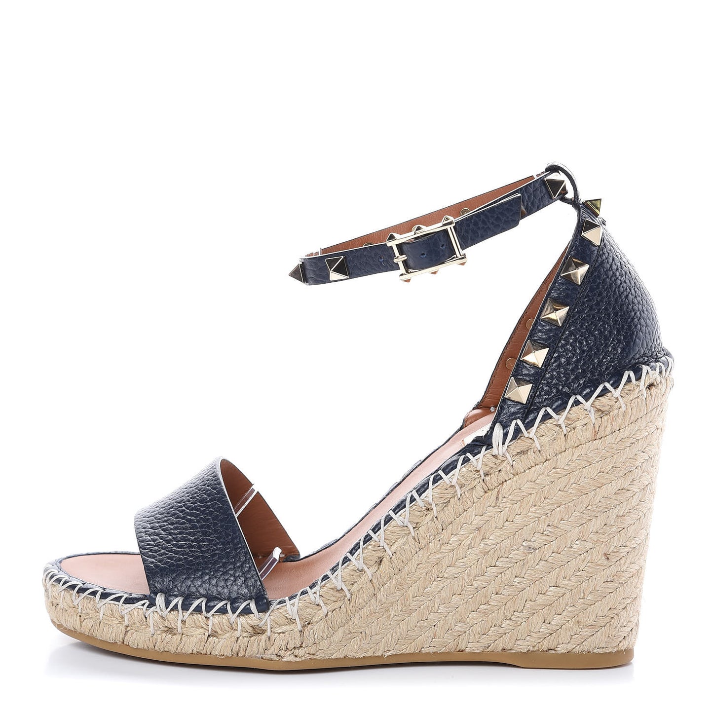 Grained Calfskin Rockstud Ankle Strap Espadrille Wedge Sandals 38 Navy