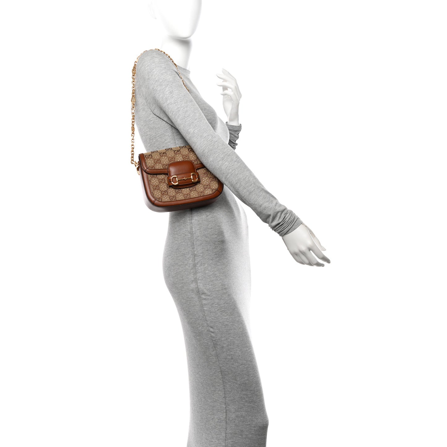 New Canvas Charisma Calfskin Crystal GG Monogram Mini Horsebit 1955 Shoulder Bag Camel Ebony