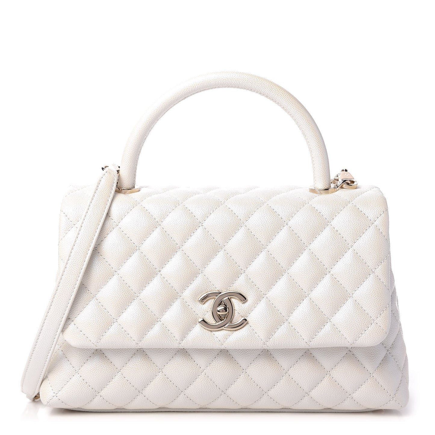 Iridescent Caviar Quilted Small Coco Handle Flap White