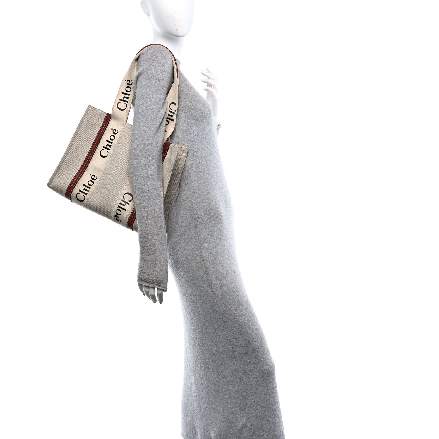 Chloe Linen Calfskin Medium Woody Ribbon Tote White Brown 2 of 14