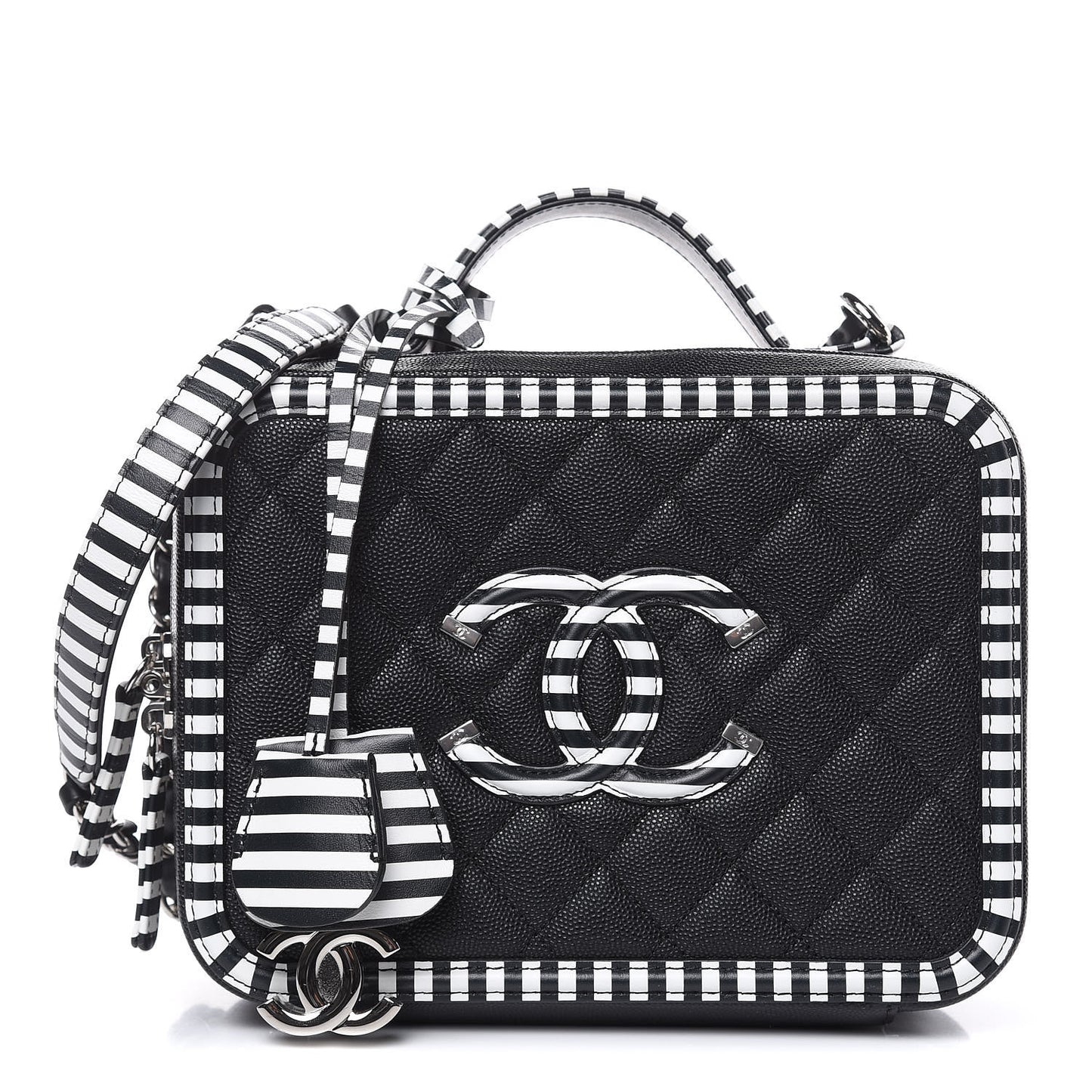 Caviar Quilted Striped Medium CC Filigree Vanity Case Black White