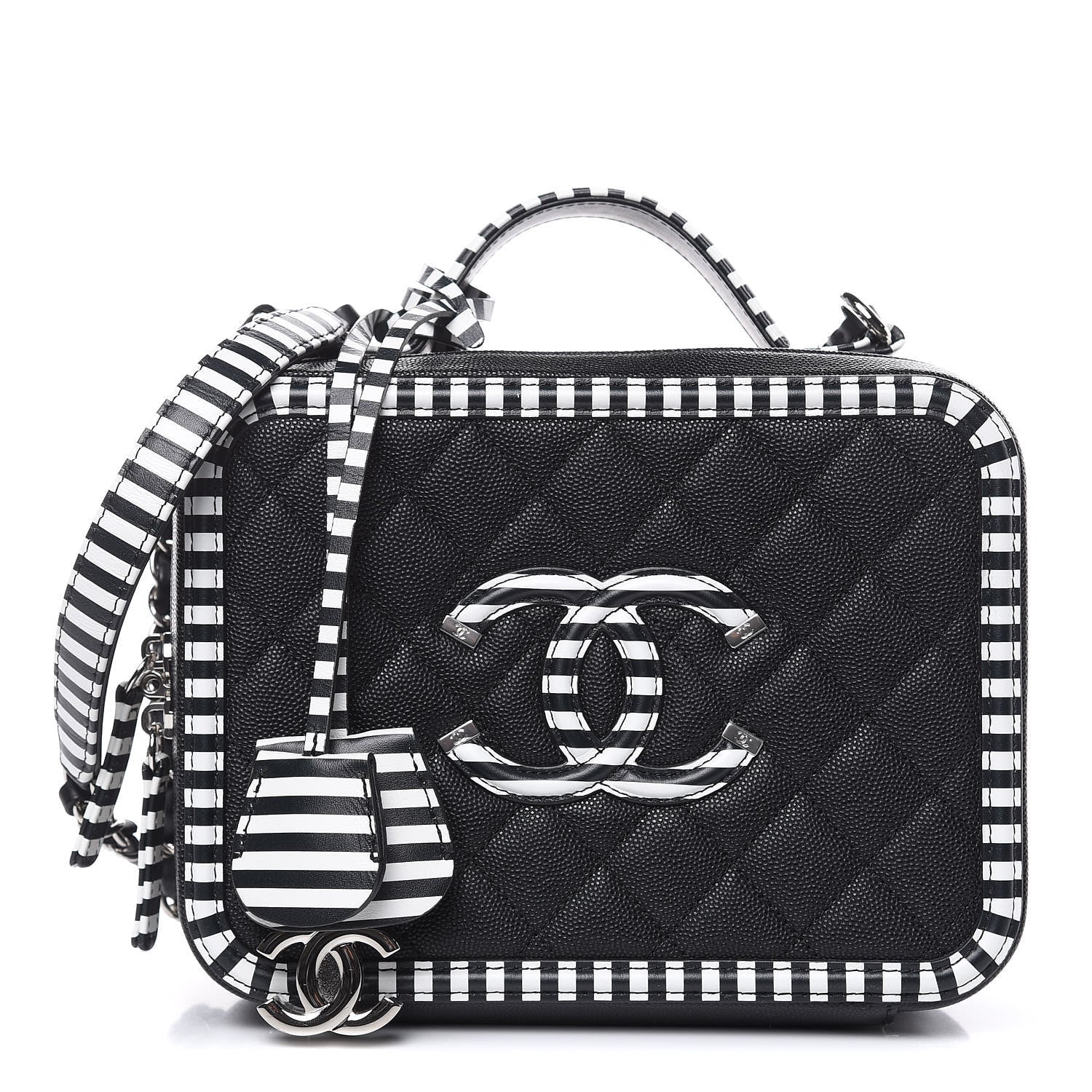 Chanel Caviar Quilted Striped Medium CC Filigree Vanity Case Black White 1 of 8