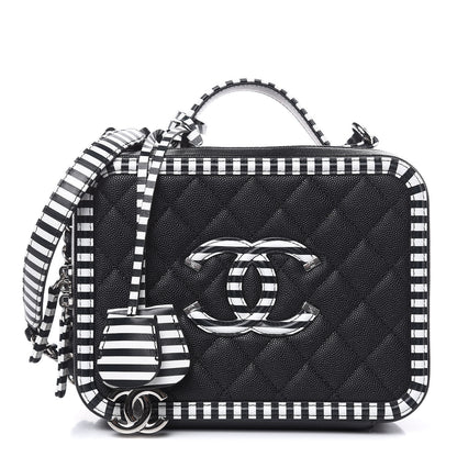 Chanel Caviar Quilted Striped Medium CC Filigree Vanity Case Black White 1 of 8