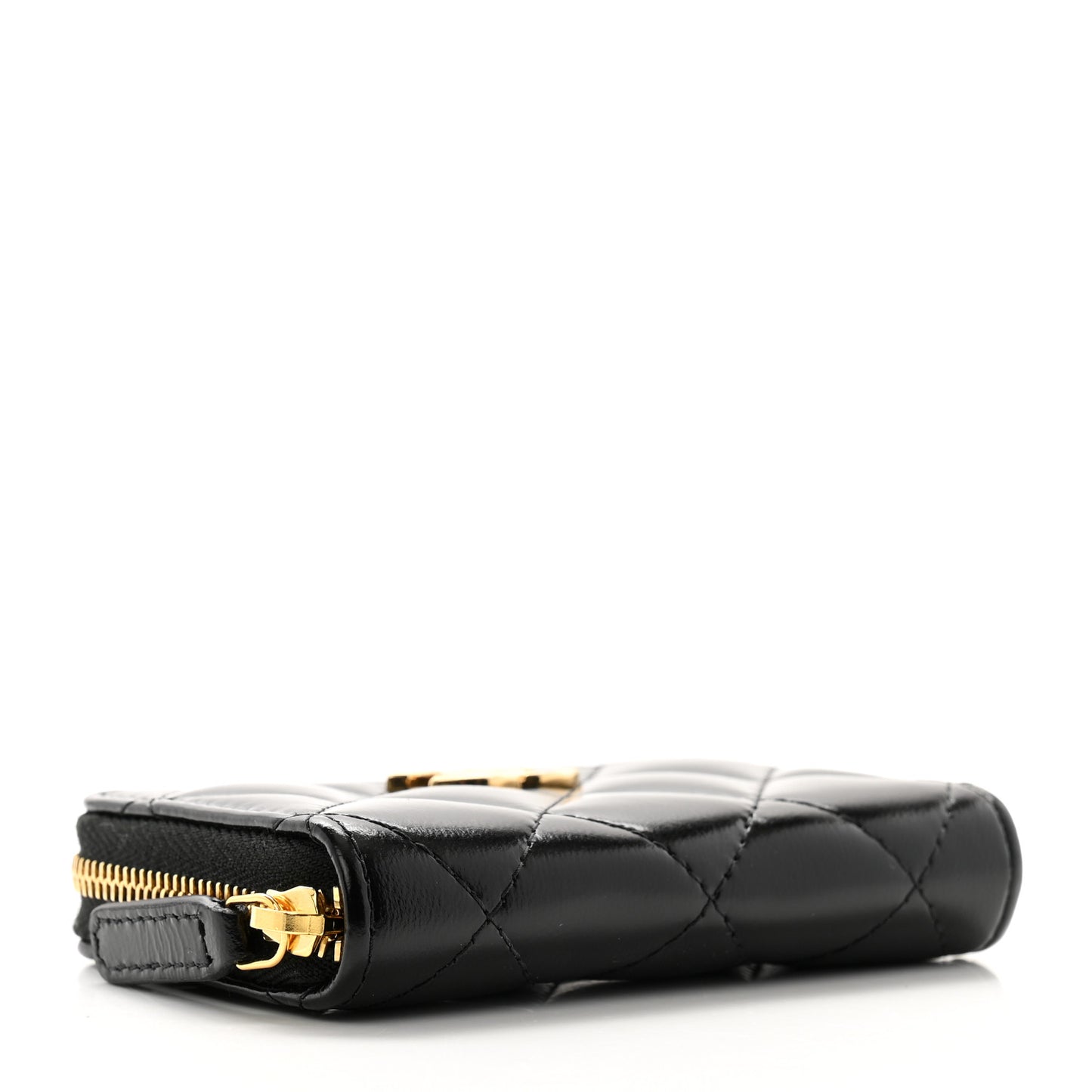 Shiny Lambskin Quilted Textured CC Zip Coin Purse Black