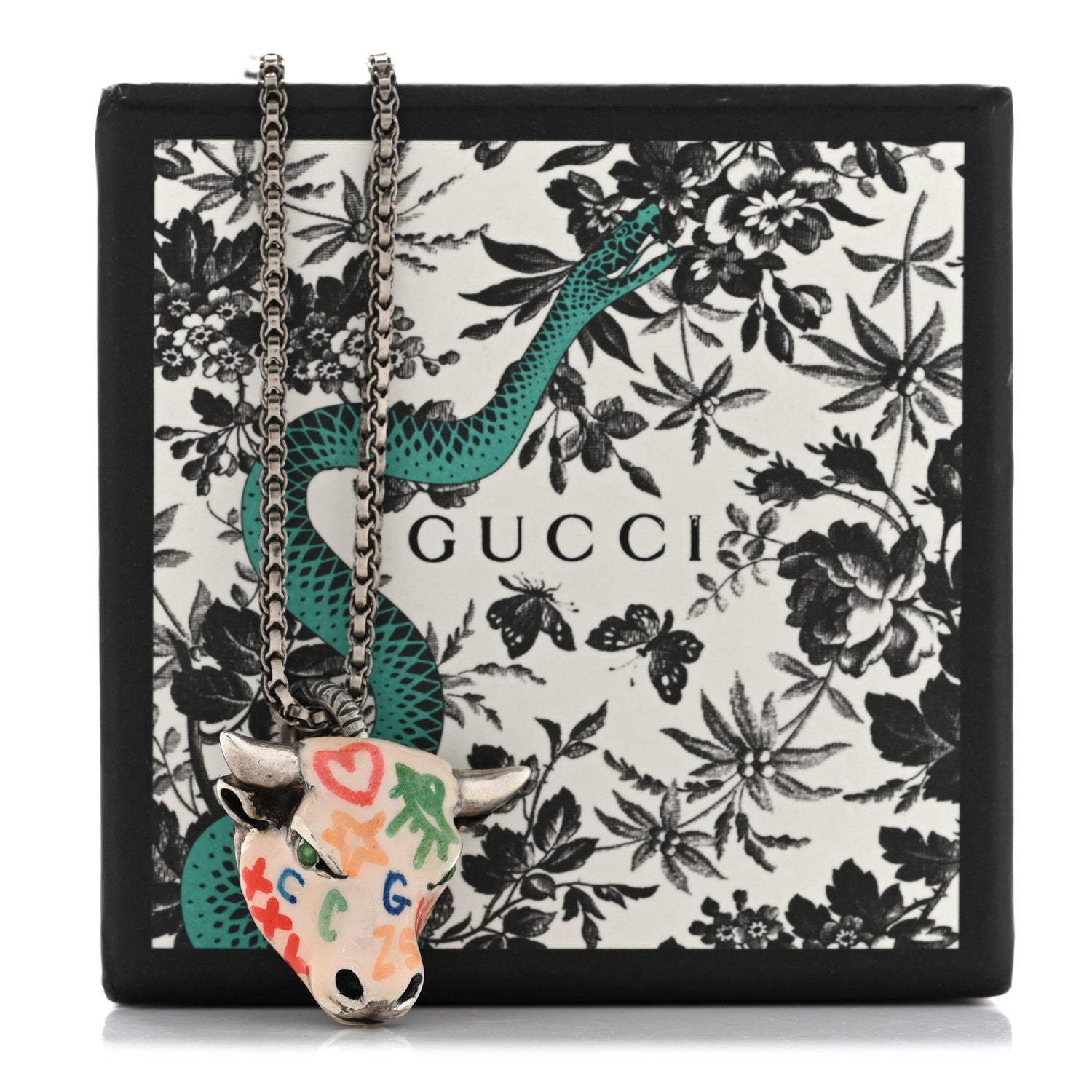 Gucci Sterling Silver Enamel Crystal Anger Forest Bull Head Necklace Multicolor 6 of 6