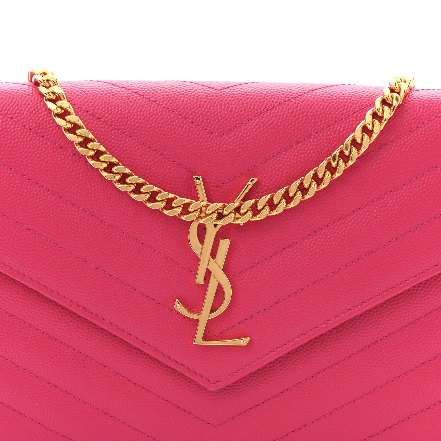 Saint Laurent Grain De Poudre Matelasse Chevron Monogram Chain Wallet Lipstick Fuchsia 7 of 10