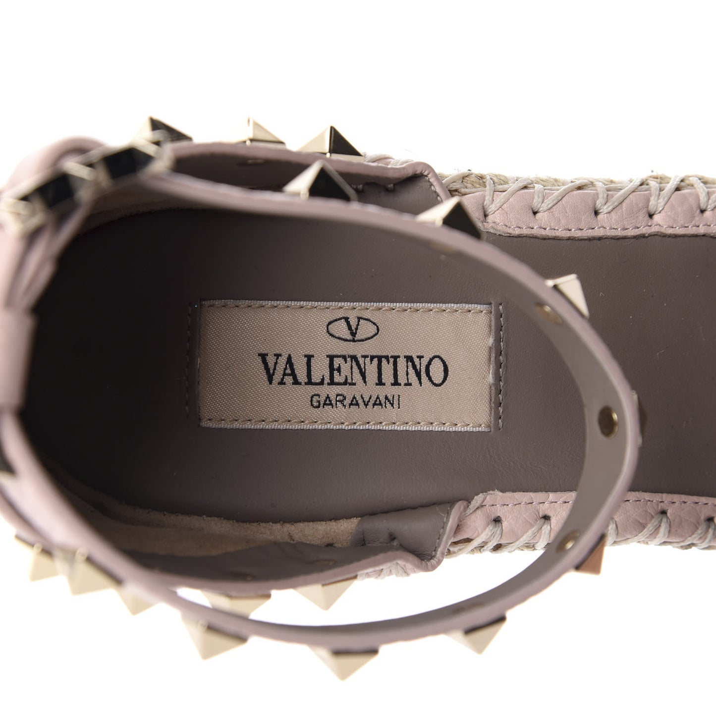 Grained Calfskin Rockstud Ankle Strap Espadrille 15/105mm Wedge Sandals 39 Rose Quartz Natural