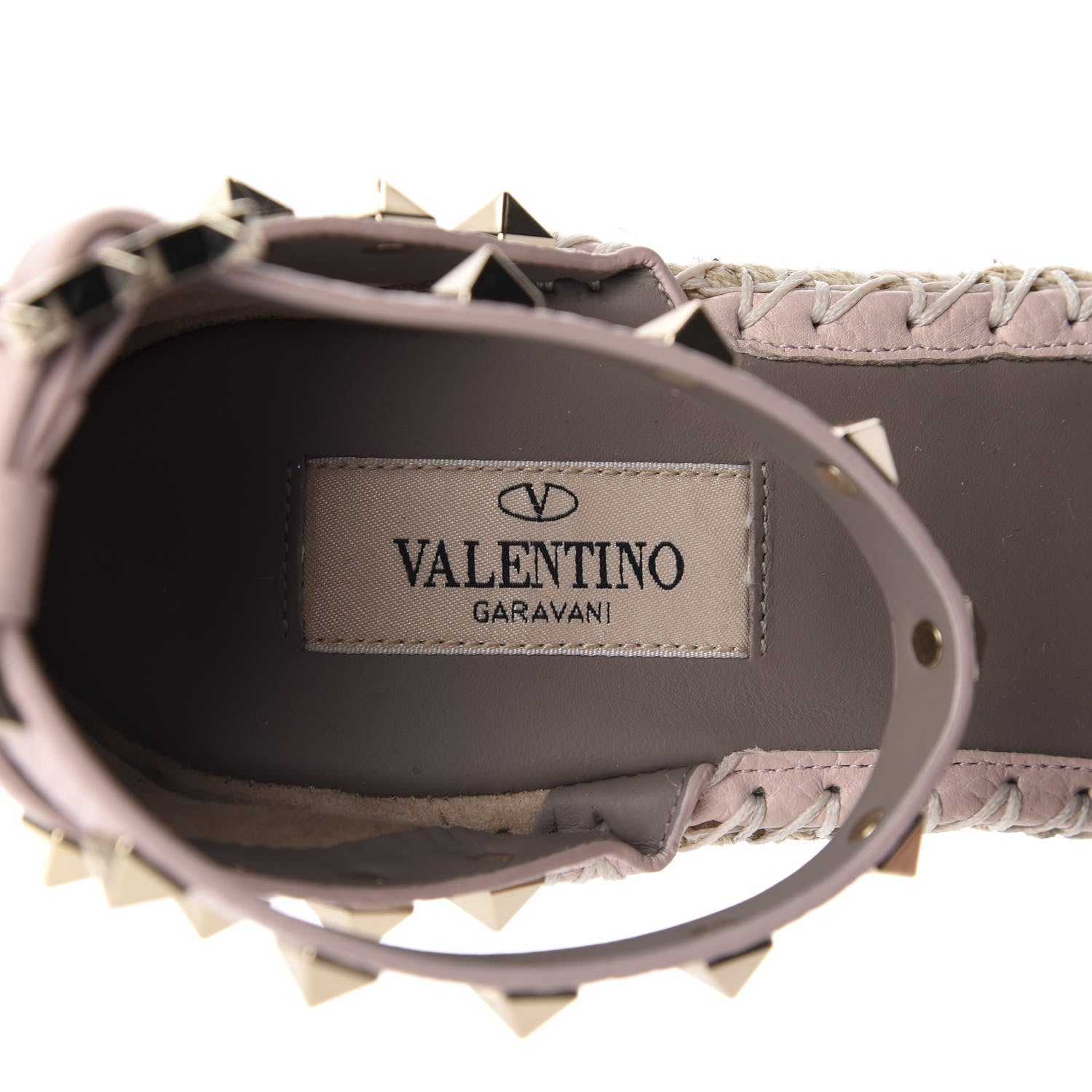 Valentino Garavani Grained Calfskin Rockstud Ankle Strap Espadrille 15/105mm Wedge Sandals 39 Rose Quartz Natural 7 of 9