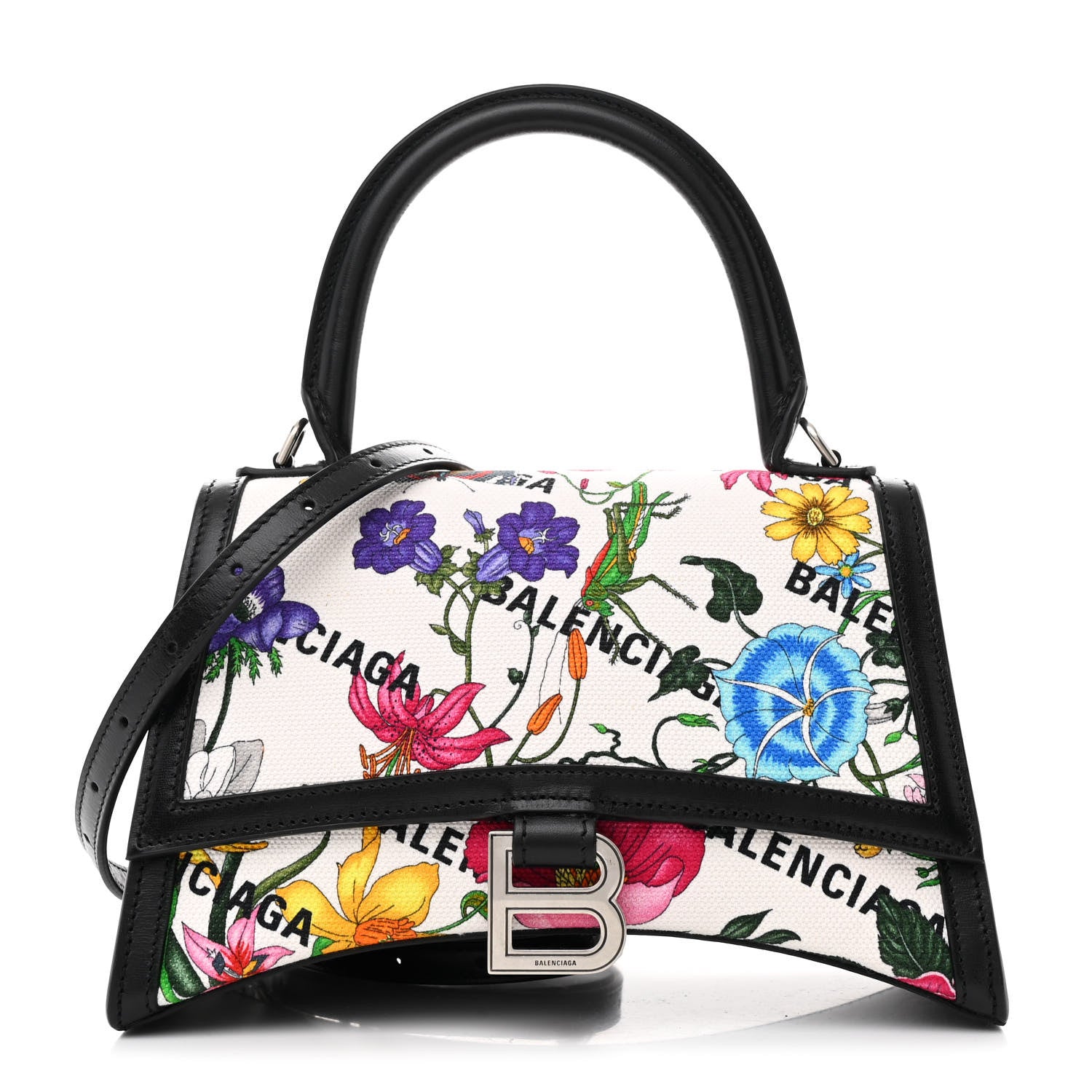 Balenciaga X GUCCI Canvas Boarded Plutone Calfskin Flora Logo Print Small Hourglass Top Handle Bag White Multicolor Black 1 of 10