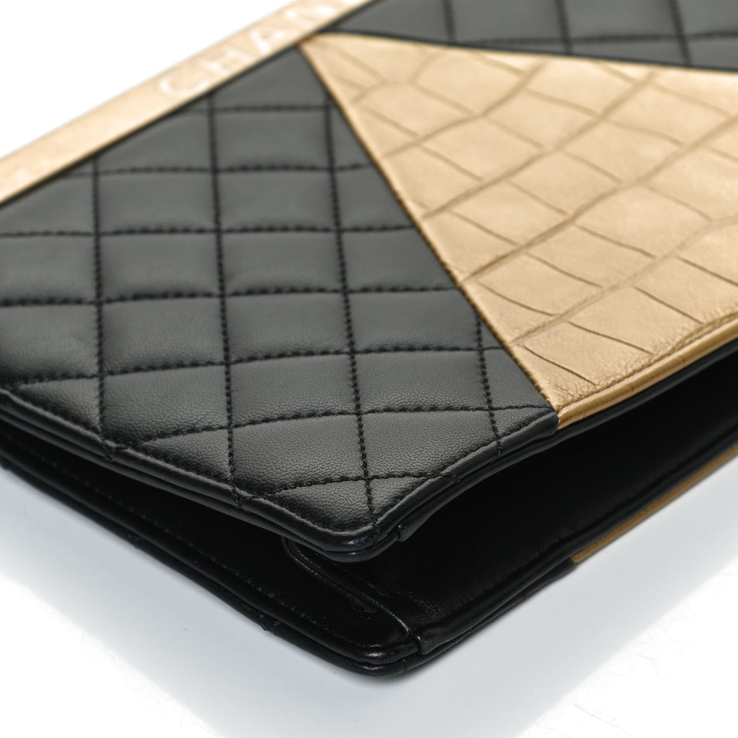 Lambskin Metallic Calfskin Crocodile Embossed Clutch Black Gold