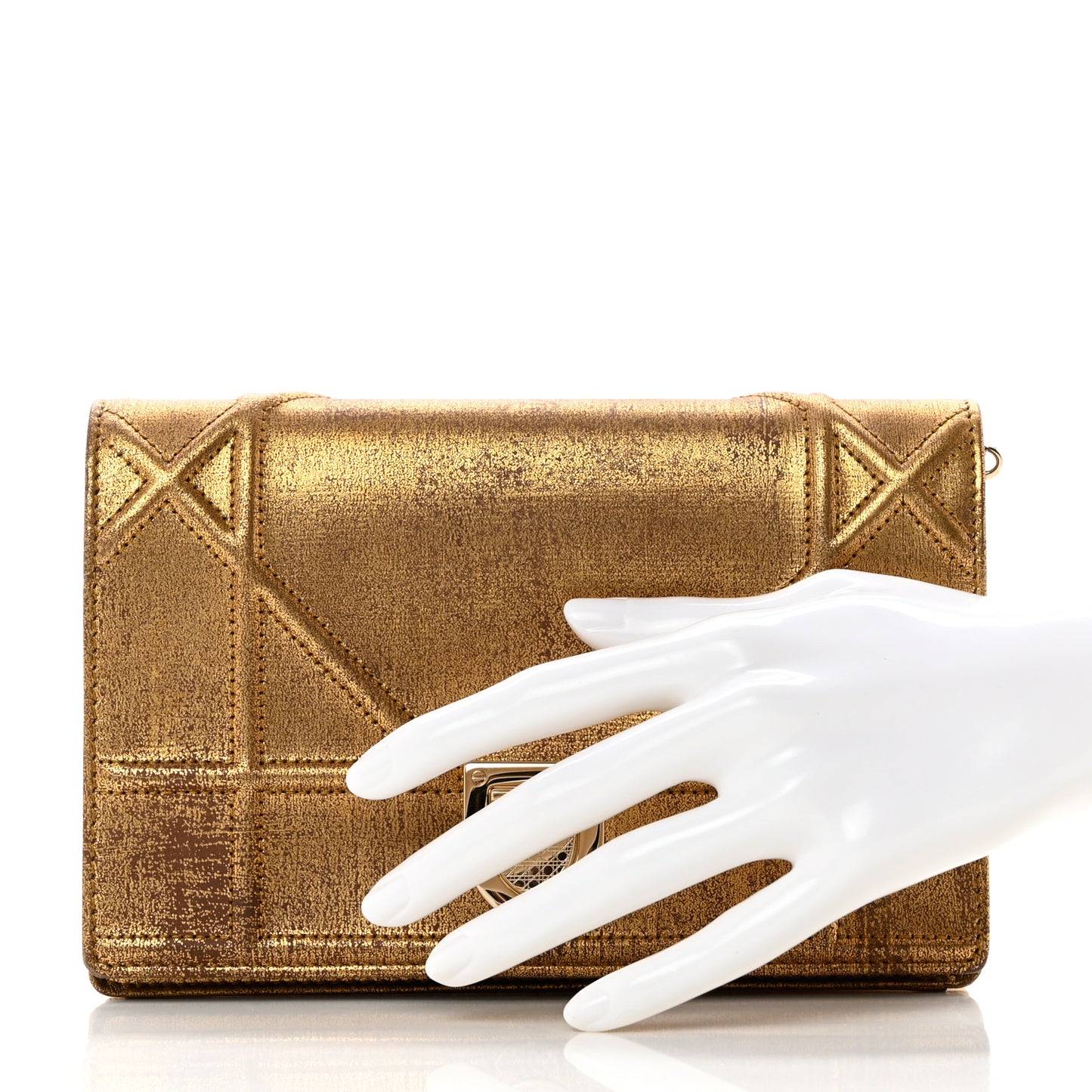 Metallic Brushed Calfskin Diorama Wallet on Chain Pouch Gold