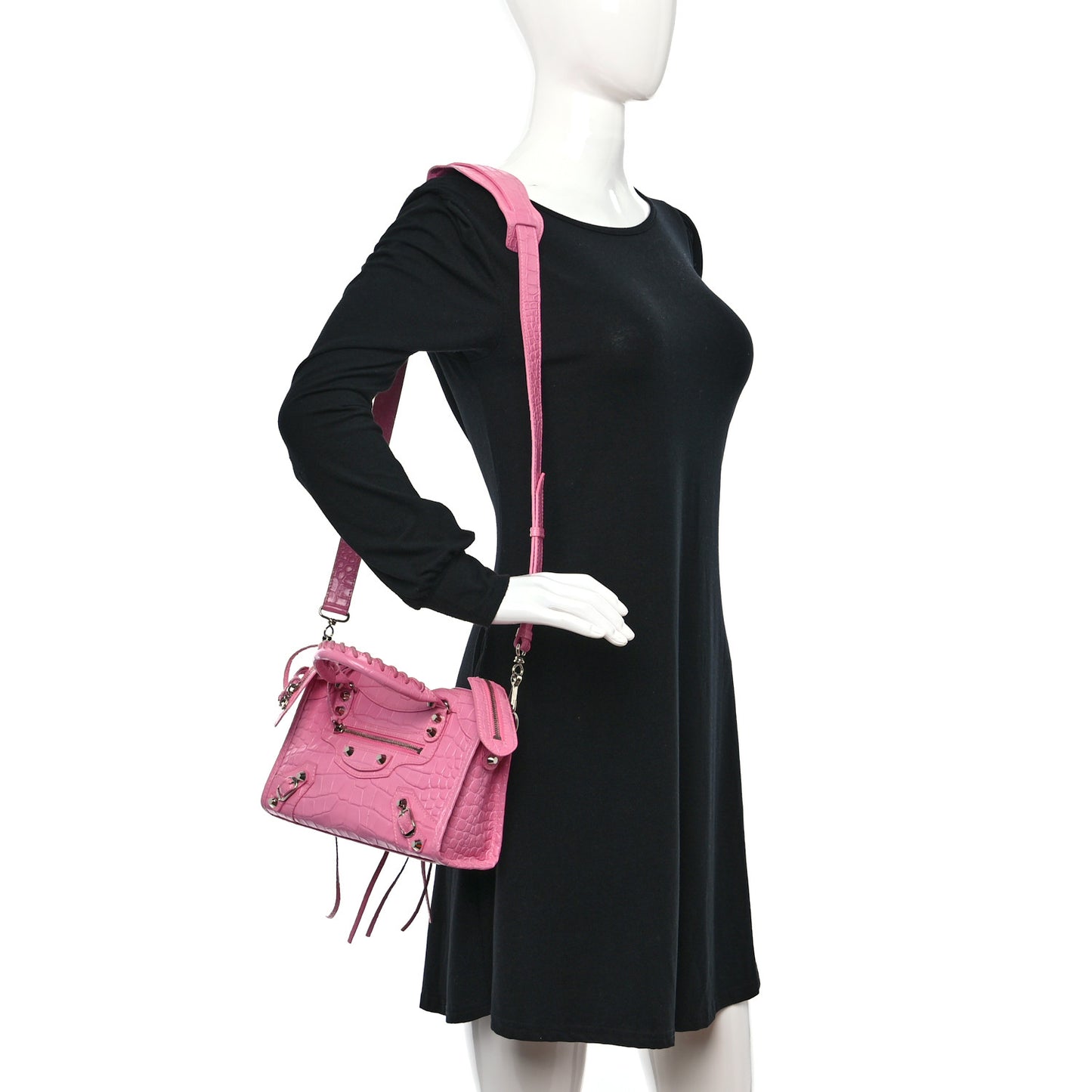 Shiny Supple Calfskin Crocodile Embossed Classic Silver Hardware Mini City Baby Pink