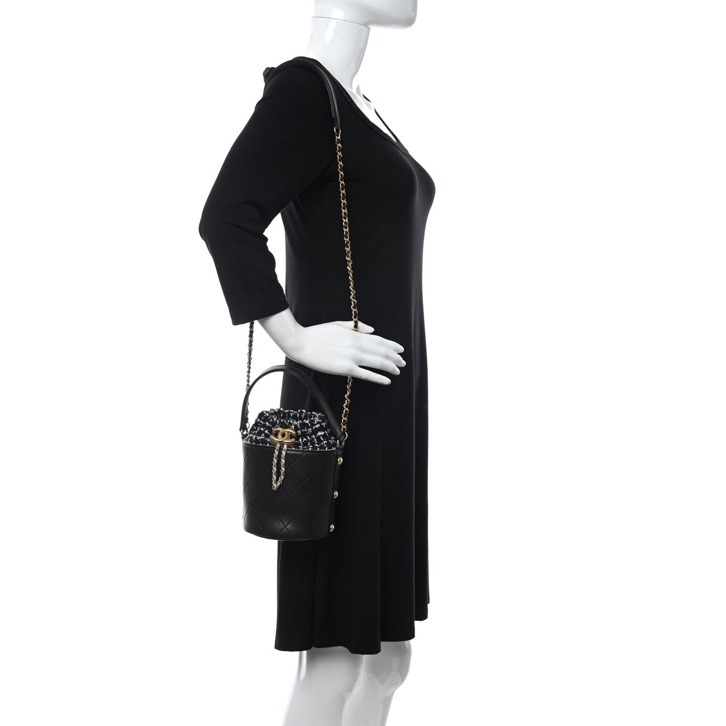 Calfskin Tweed Small CC Chain Bucket Drawstring Bag Black Multicolor