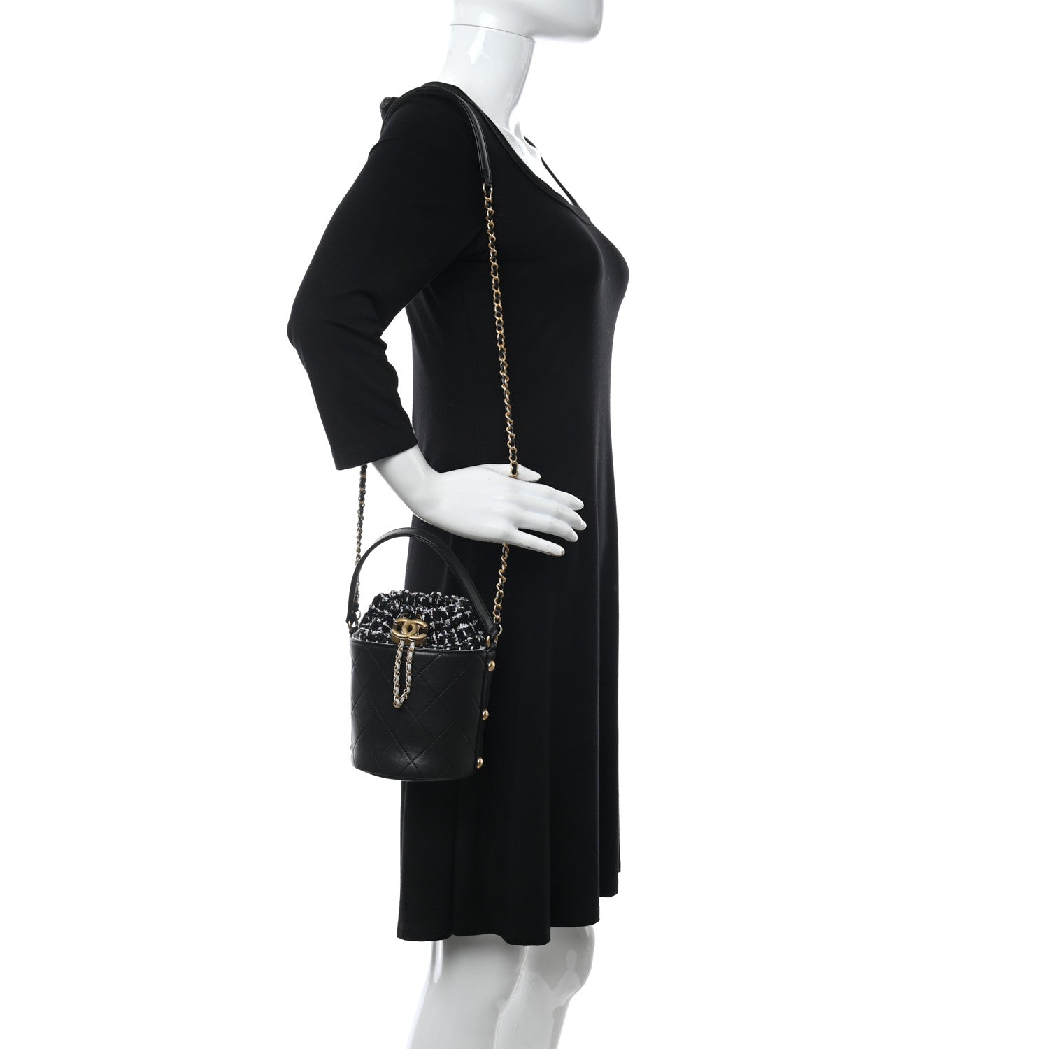 Chanel Calfskin Tweed Small CC Chain Bucket Drawstring Bag Black Multicolor 2 of 10