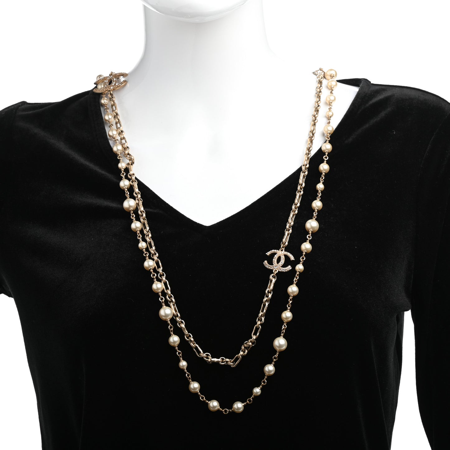 Graduated Pearl Crystal CC Long Necklace Gold