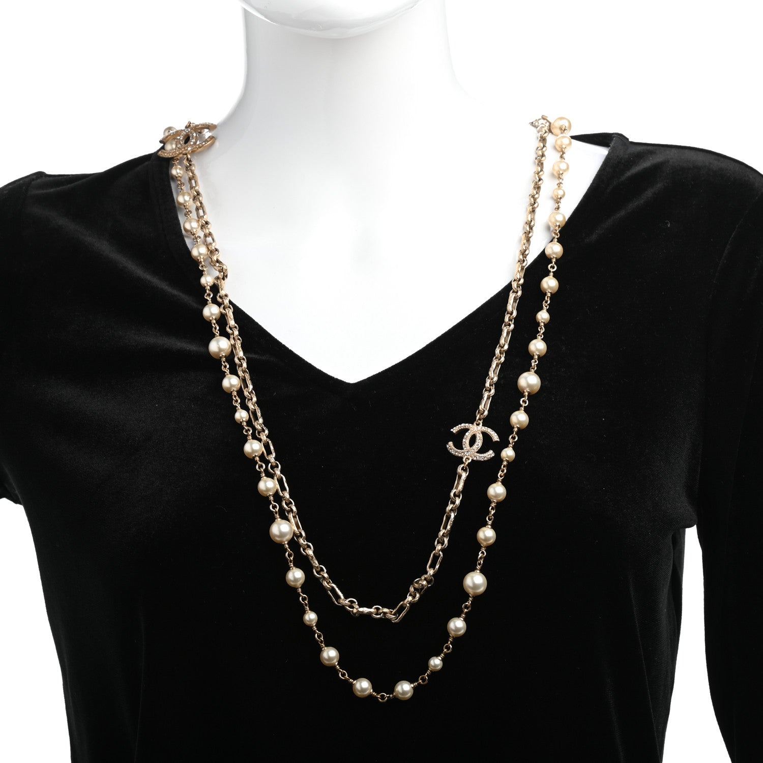 Chanel Graduated Pearl Crystal CC Long Necklace Gold 2 of 9