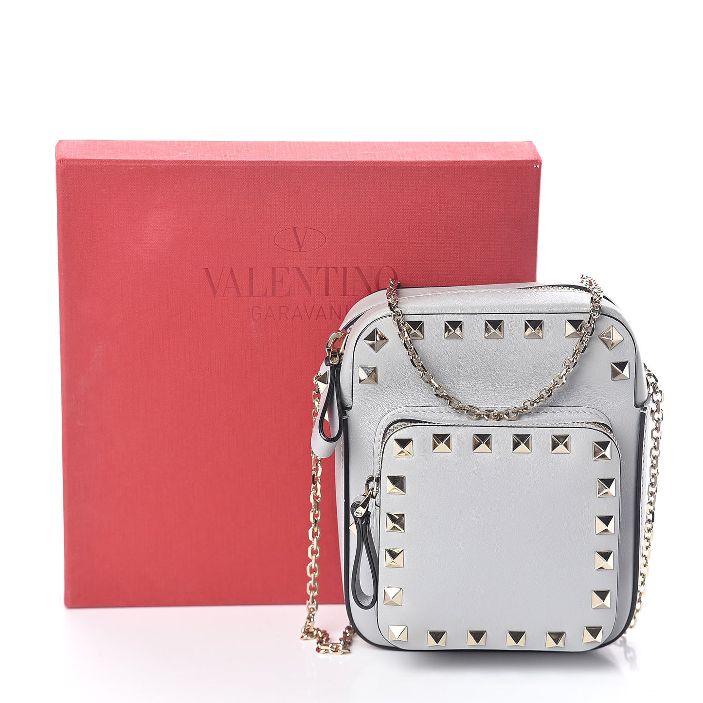 Calfskin Rockstud Double Pocket Chain Crossbody Bag Grey