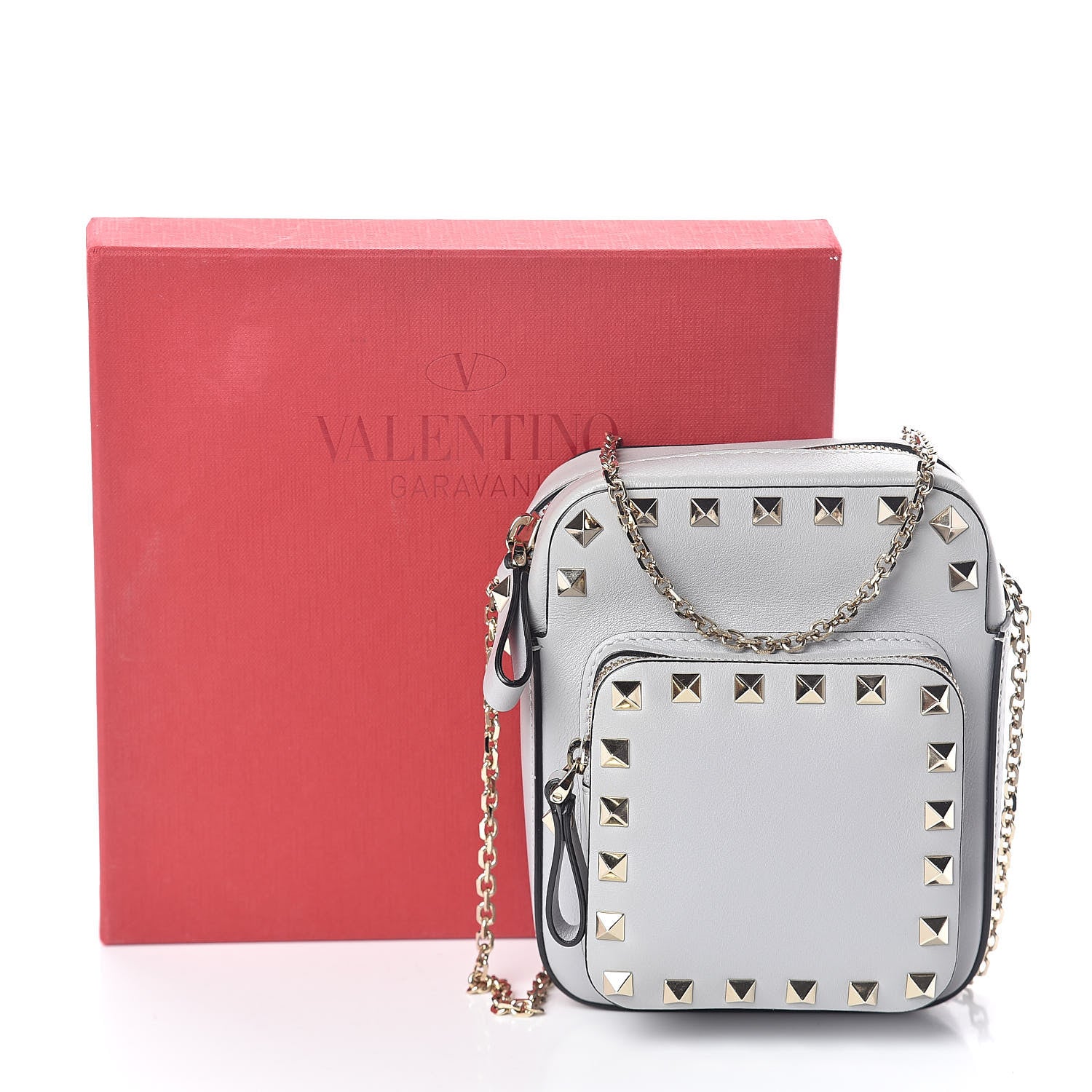 Valentino Garavani Calfskin Rockstud Double Pocket Chain Crossbody Bag Grey 9 of 9