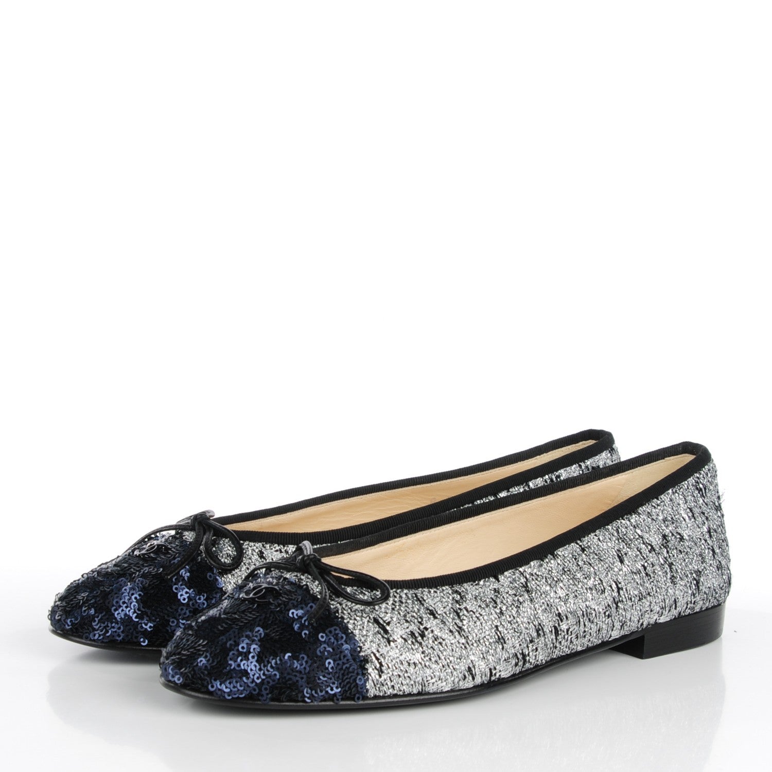 Chanel Tweed Sequin Cap Toe Ballerina Flats 40 Black Blue 3 of 9