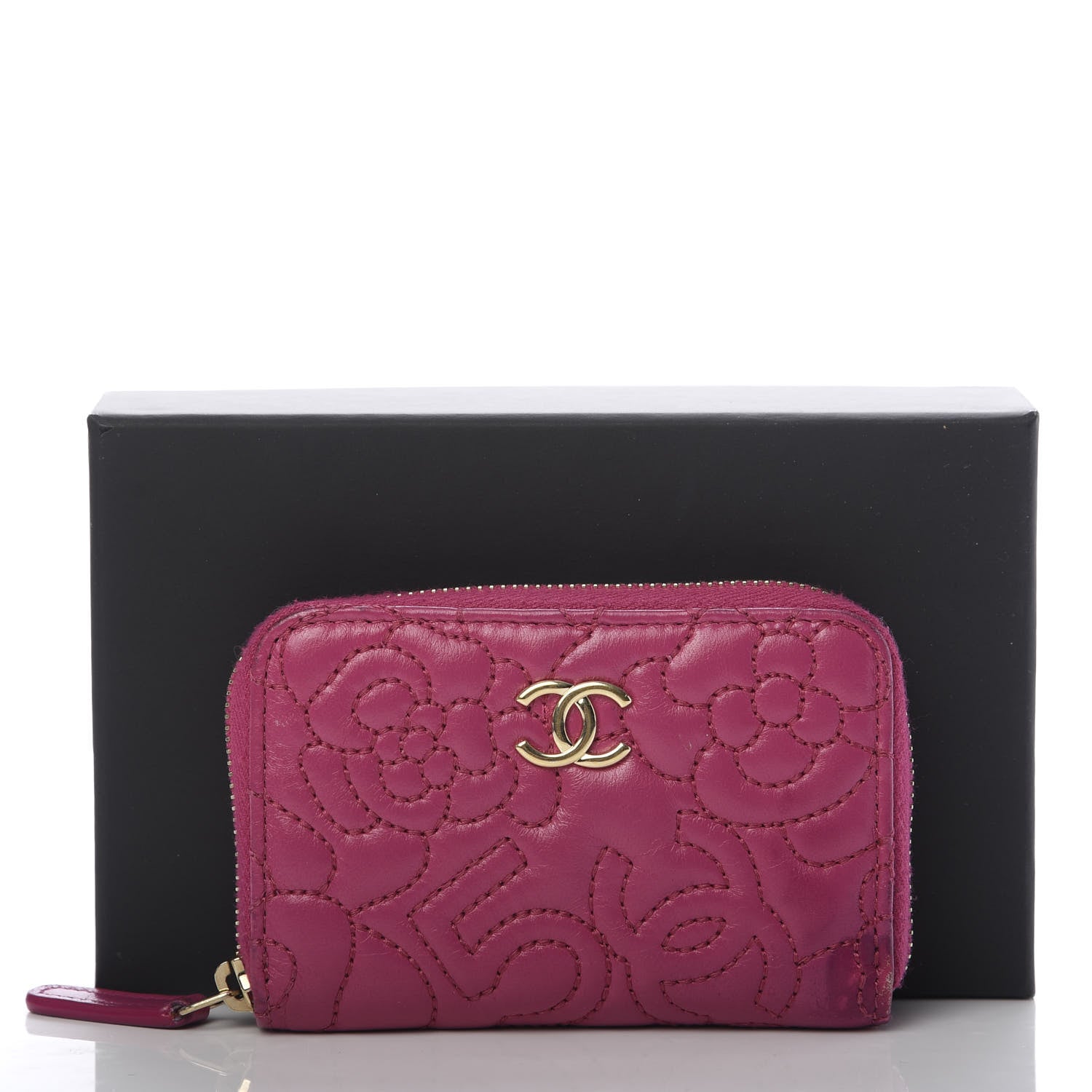 Chanel Lambskin Camellia Embossed Zip Coin Purse Fuchsia 12 of 12