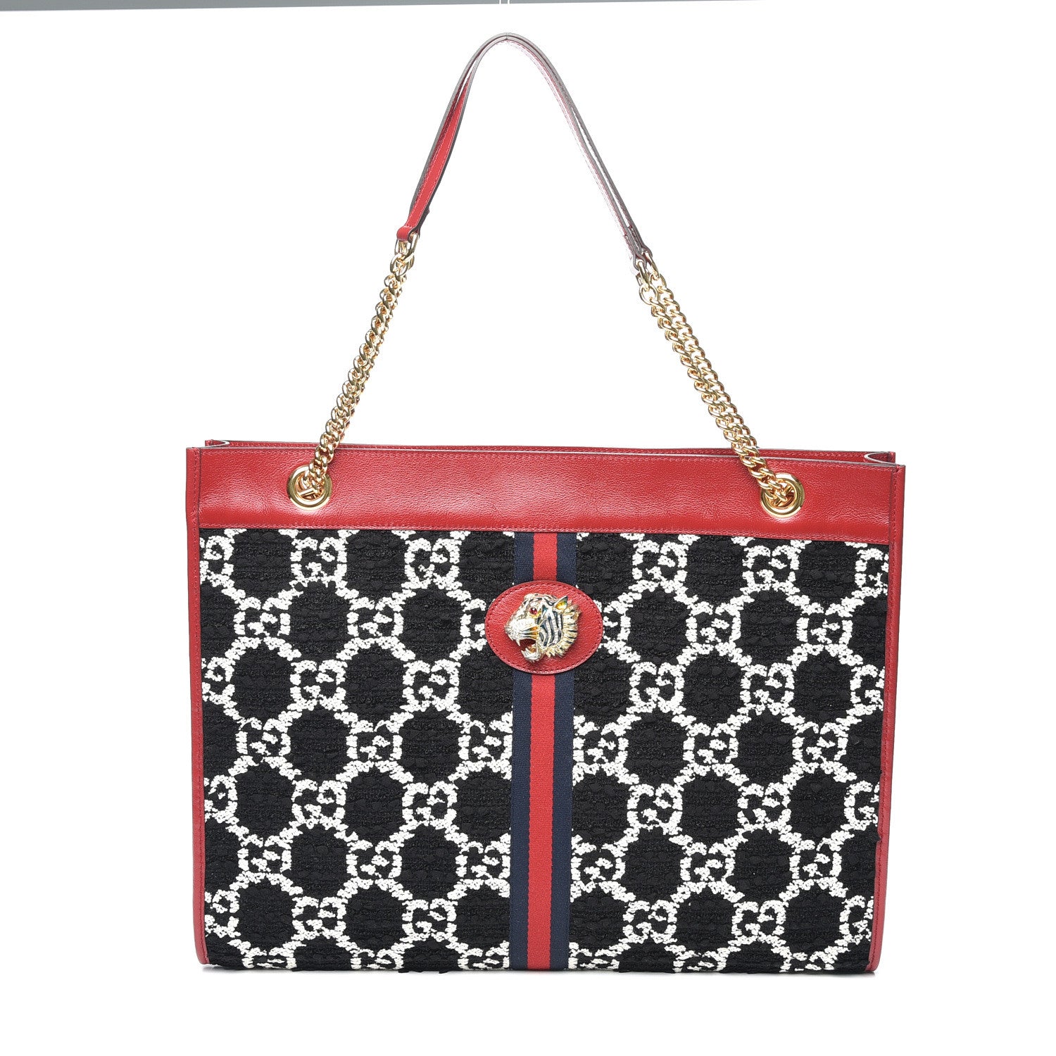 Gucci Tweed GG Monogram Large Rajah Chain Tote Romantic Cherry Black White 2 of 10