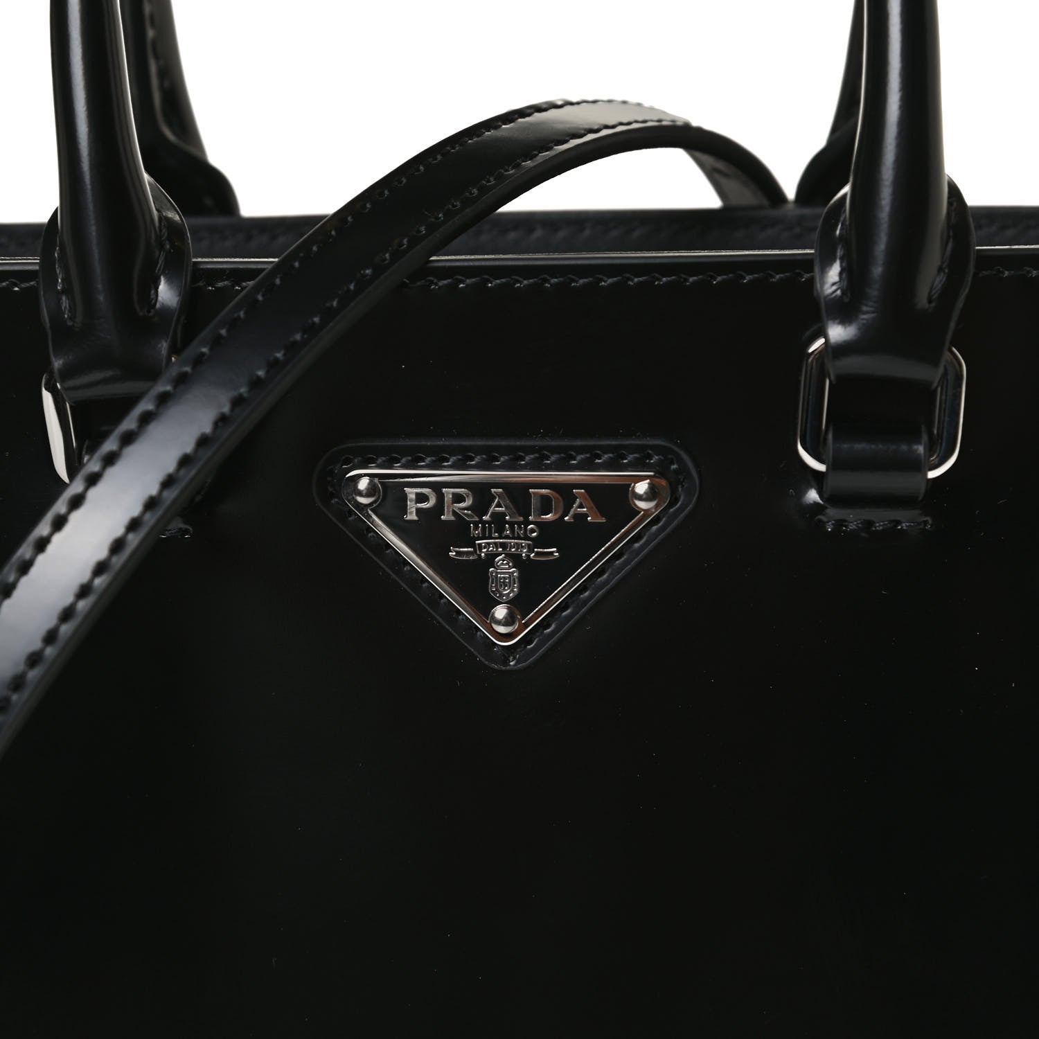 Prada Spazzolato Triangle Small Double Handle Crossbody Tote Black 8 of 12