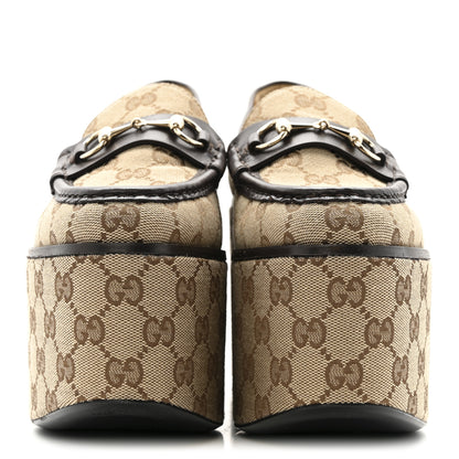 Gucci Canvas GG Monogram Horsebit Calfskin Womens Horsebit Platform Loafers 38 Beige Ebony 3 of 12