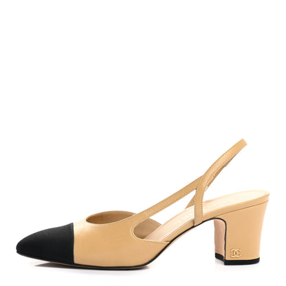 Chanel Goatskin Grosgrain Cap Toe CC Slingback Sandals 38.5 Beige Black 1 of 11