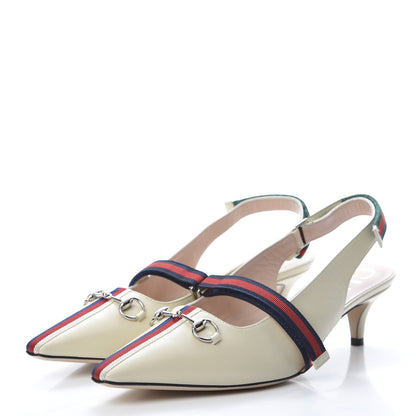 Gucci Malaga Kid Web Horsebit Low Heel Slingback Pumps 41 Vintage White 3 of 11