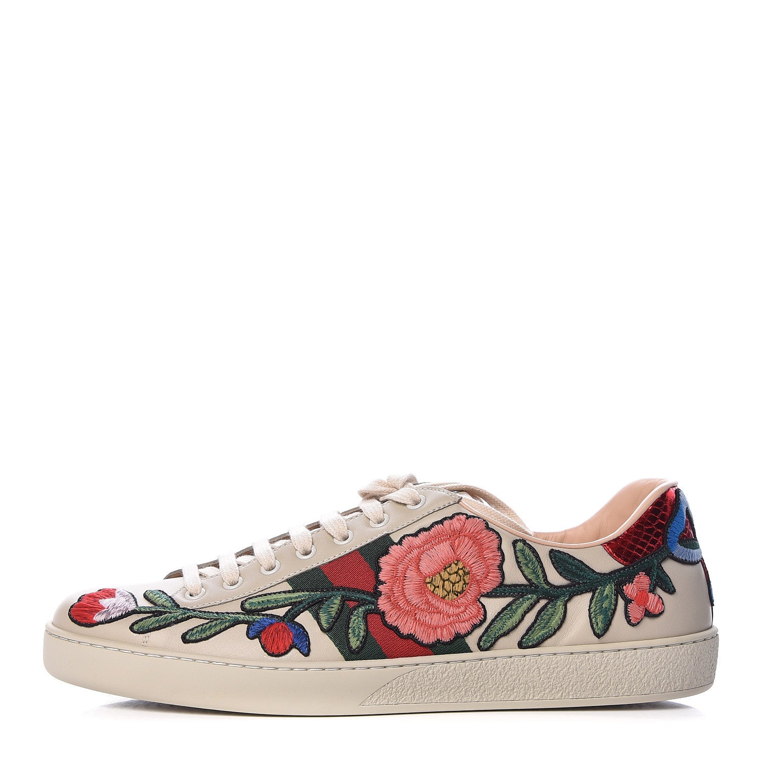 Gucci Calfskin Web Floral Embroidered Mens Ace Sneakers 11 Off White 1 of 8