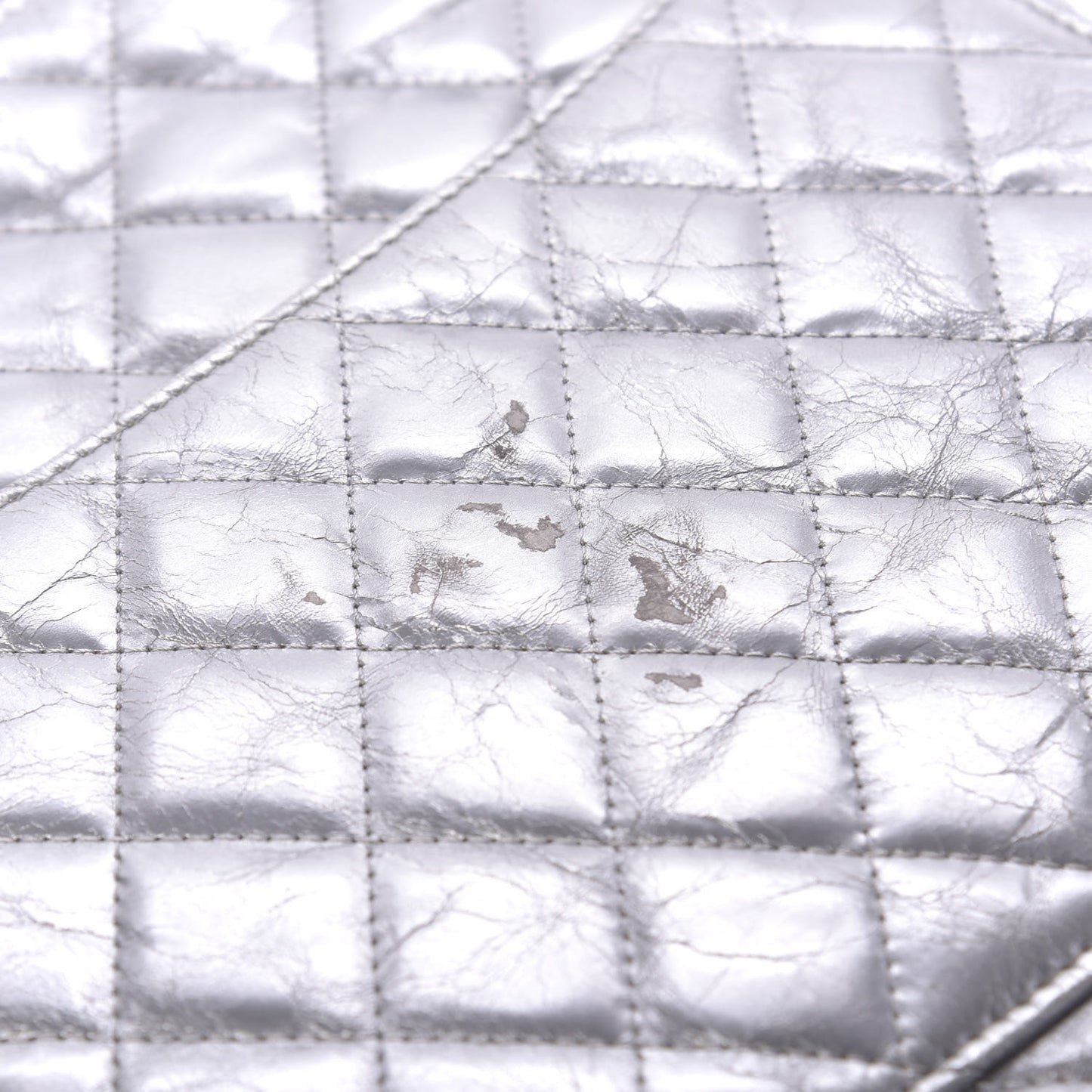 Metallic Crumpled Calfskin Quilted Large Slide Pouch Silver