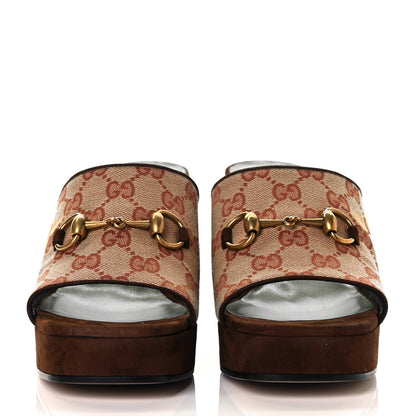Gucci GG Monogram Kid Scamosciato Houdan Mid Heel Platform Slide Sandals 40 Beige Ruggine Maroon 2 of 10