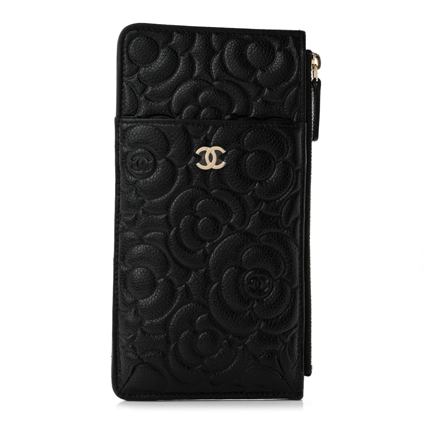 Caviar Camellia Embossed Classic Flat Wallet Pouch Black