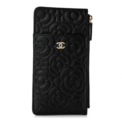 Chanel Caviar Camellia Embossed Classic Flat Wallet Pouch Black 1 of 12