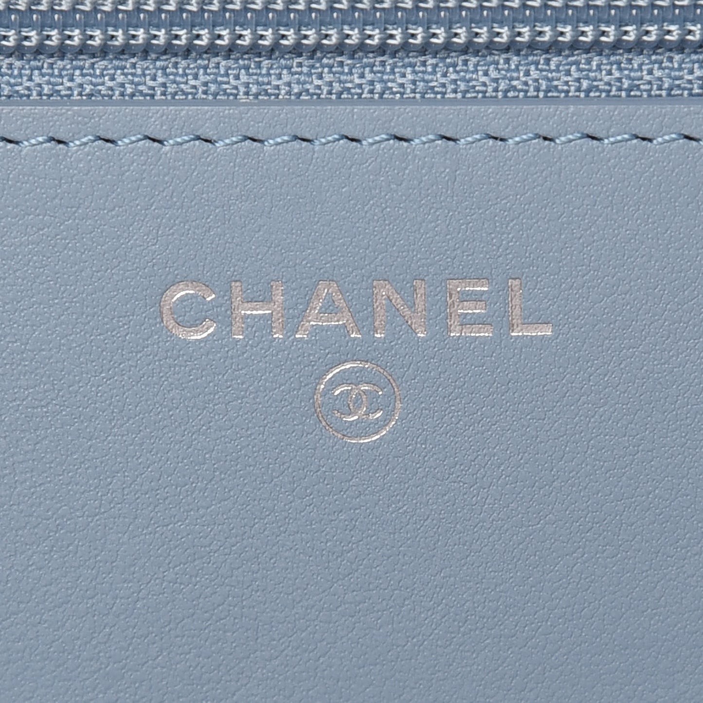 Faded Patent Calfskin Quilted Wallet on Chain Blue