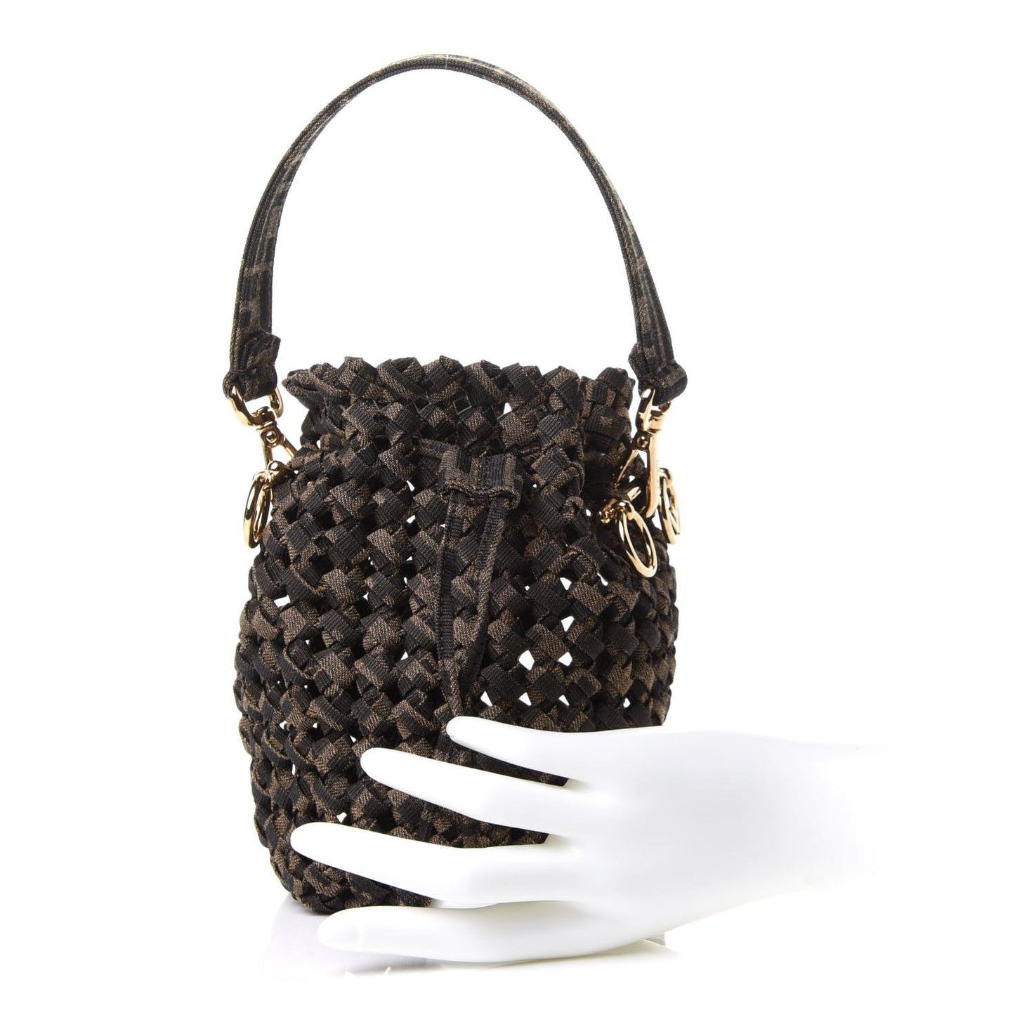 Fabric Jacquard F is Fendi FF 1974 Woven Knotted Mini Mon Tresor Bucket Bag Tabacco Moro
