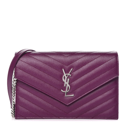 Saint Laurent Grain De Poudre Matelasse Chevron Monogram Envelope Chain Wallet Dark Grape 1 of 11