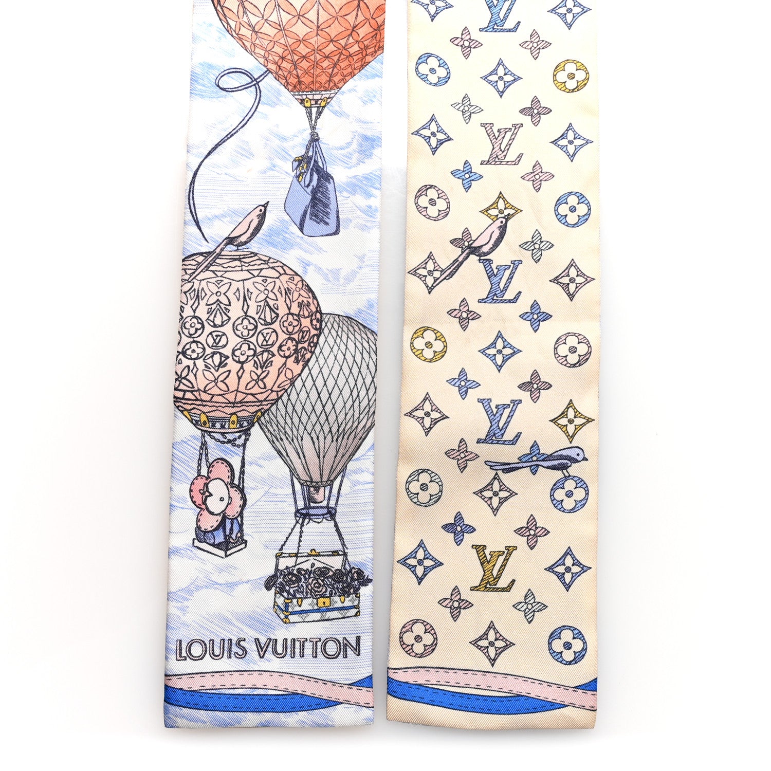 LOUIS VUITTON 気球デザイン スカーフ Louis Vuitton Silk Monogram Up And Away Bandeau Light Blue 1810895