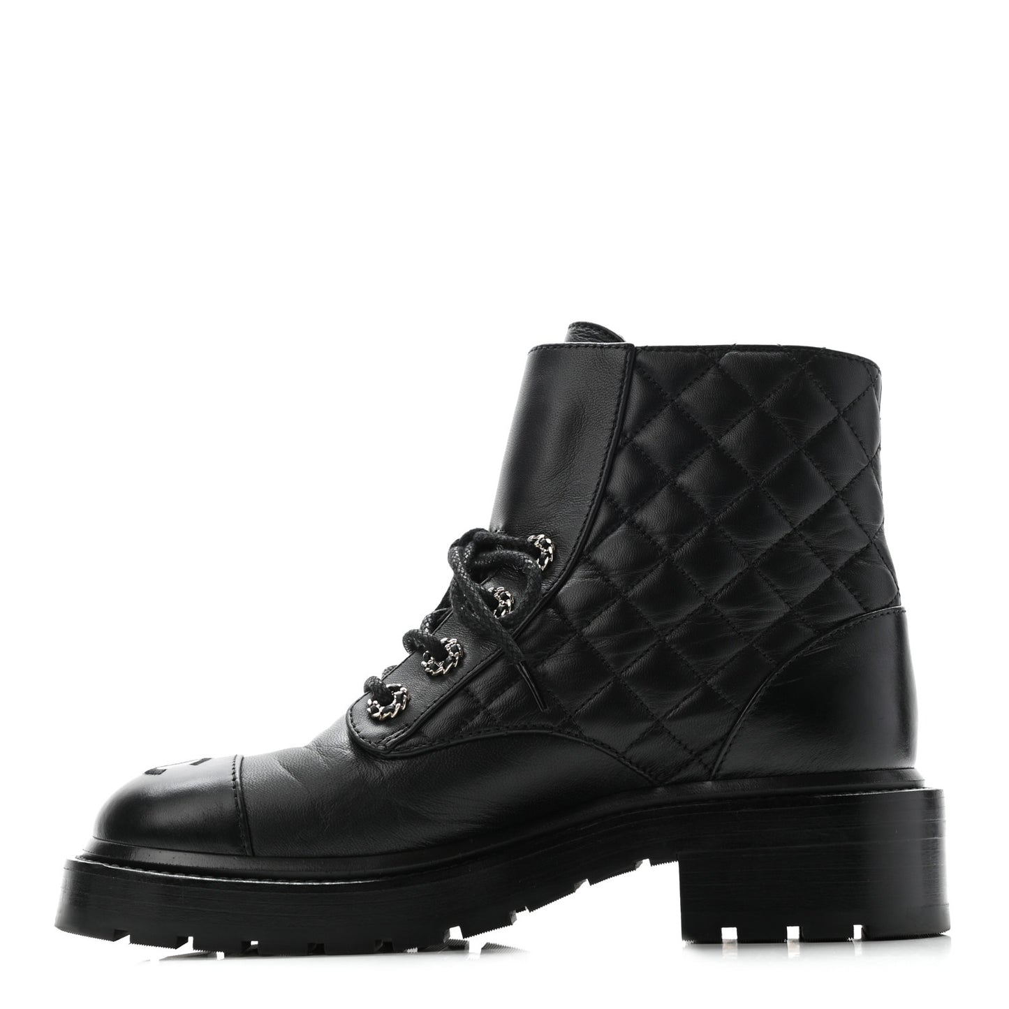 Shiny Lambskin Quilted Lace Up Combat Boots 36.5 Black
