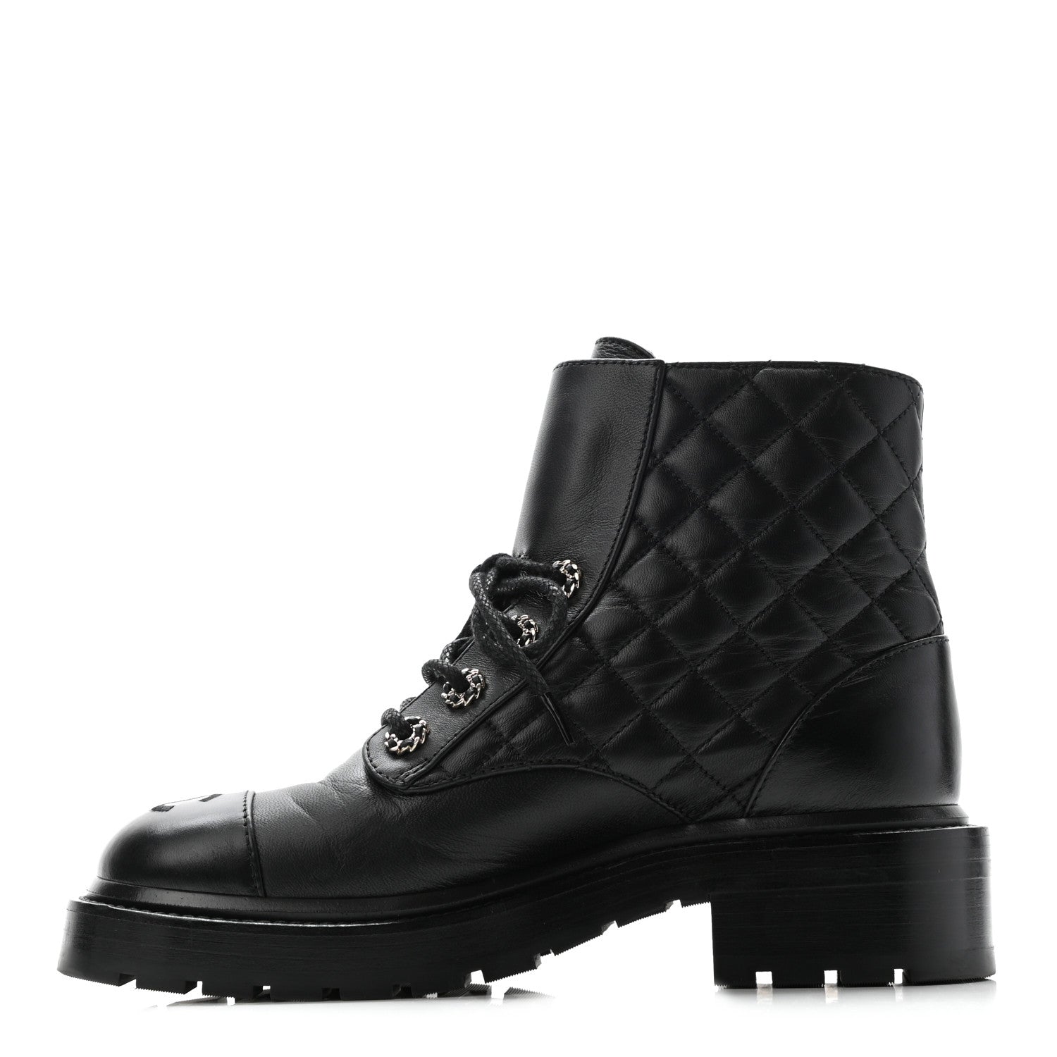 Chanel Shiny Lambskin Quilted Lace Up Combat Boots 36.5 Black 1 of 9