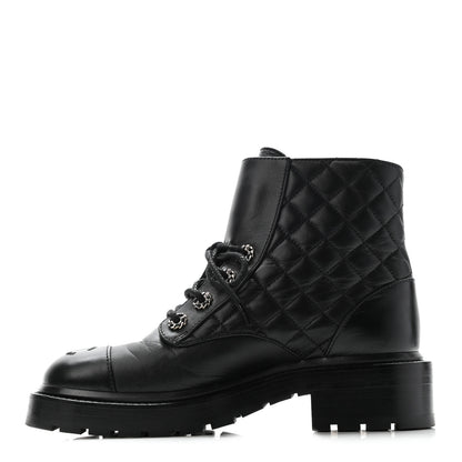 Chanel Shiny Lambskin Quilted Lace Up Combat Boots 36.5 Black 1 of 9