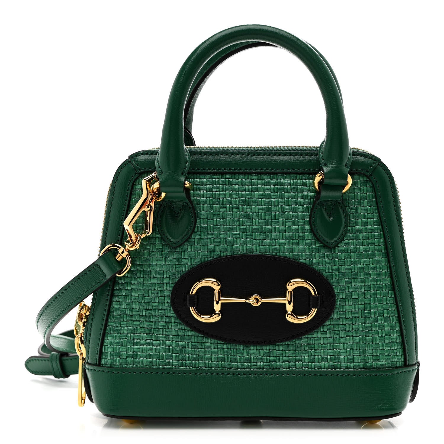 Gucci Straw Azalea Calfskin Woven Mini Horsebit 1955 Top Handle Bag  Emerald 1 of 13
