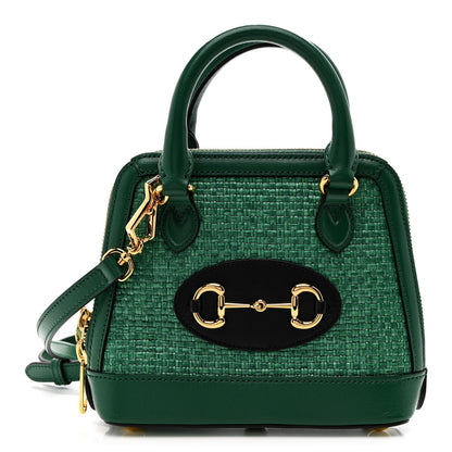 Gucci Straw Azalea Calfskin Woven Mini Horsebit 1955 Top Handle Bag  Emerald 1 of 13