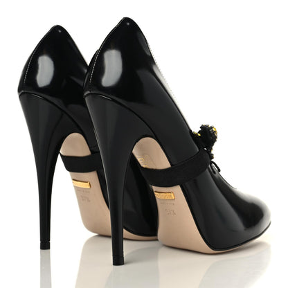 Gucci Polished Calfskin Removable Bee Elaisa Platform High Heel Pumps 37.5 Black 4 of 8