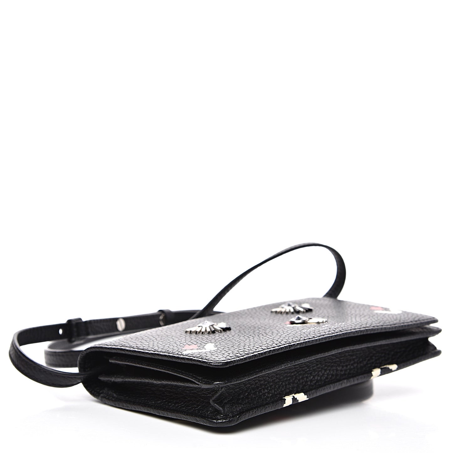 Grained Calfskin Embellished Tulip Print Wallet Crossbody Black Multicolor